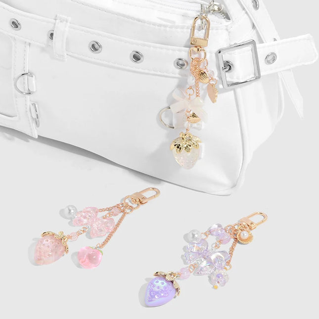 Y2K Bowknot Strawberry Keychain for Women Exquisite Sweet Flower Peach Bag Pendant Cute Romantic Accessorymobile Phone Chain