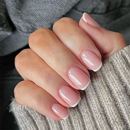 24Pcs Simple Square Head Fake Nail with nude design White Gradient French Press on False Nails Short Full Cover Nail Tips