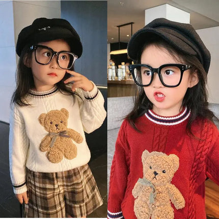 Baby and Girls Sweet 3D Flocking Cartoon Crop Knitted Cotton Sweater Coat Kids Knitwear Child Outfit Pullover Jumper Tops 2-8Yrs