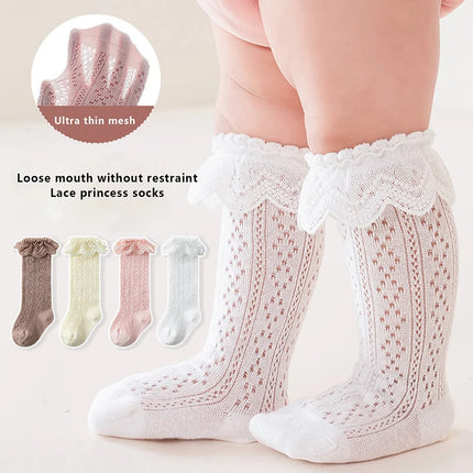 Pudcoco Toddler Girls Knee High Socks Summer Breathable Knit Lace Ruffle Princess Socks for Party, Wedding, Photography 0-3T