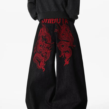 American retro embroidered pattern hip-hop jeans suitable for both men and women Y2K street cool floor length wide leg pants