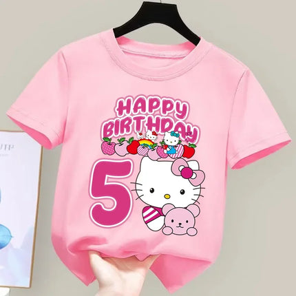 2026 New Hello Kitty Birthday Kids Short Sleeved Fashion Printed Boys and Girls Summer Clothes Short Sleeved Baby Cotton T-shirt