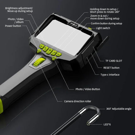 360° Steering Industrial Endoscope Camera 6mm 5"IPS Screen Single Lens Waterproof Inspection Borescope For Car/Pipe/Repair