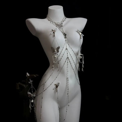 Sexy Butterfly Nipple Clips Body Chains Collar-Integrated Set Paired with Butt Plugs Vaginal Clamps Body Restraints Sex Toys