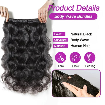 12A Body Wave Bundles Human Hair Natural Black Body Wave Raw Human Hair Bundles 1/3/4 pc Sew In Quick Weave Hair Extension