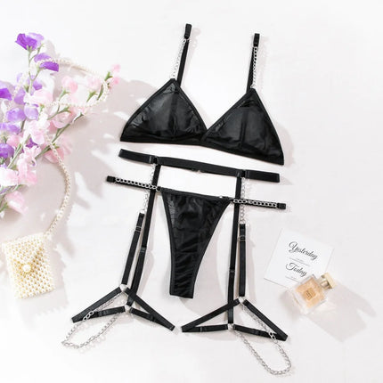 New Sexy Ultra-thin Mesh Bralette And Thongs See-through Metal Chain Decoration 4 Pcs Sexy Lingerie Set Female Underwear