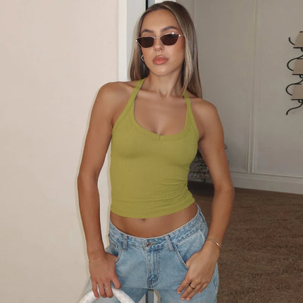 Hugcitar 2025 Summer Ribbed Halter Backless Solid Sexy Crop Tank Top Casual Y2K Women Clothes Beach Vacation Streetwear Yoga
