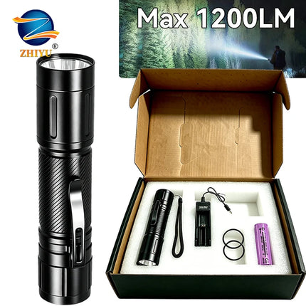 1200LM Fixed Focus LED Flashlight Powerful Spotlight with Pen Clip Headlamp, Outdoor Waterproof Torch Use External 21700 Battery