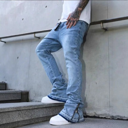 Mens Washed Light Blue Jeans Loose Straight Leg Bell Bottom Pants High Street Fashion Casual Trousers