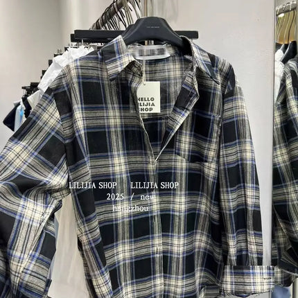 Loose Long-Sleeve Shirt Women's Korean Style Plaid Versatile Shirt with Belt, Slimming Effect, Early Autumn New Style Dongdaemun