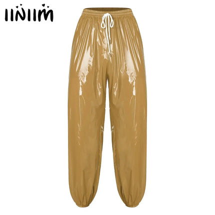 Mens Shiny Waterproof Jogging Pants Y2K Drawstring Elastic Waistband Side Pockets Track Baggy Glossy Pants Hip Hop Trousers