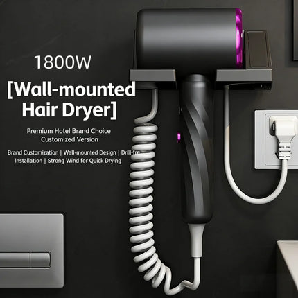 1800W Wall Mounted Hair Dryer with LED Temp Display, 3 Speed Hot/Cold Air, No Drill for Hotel Home Bathroom
