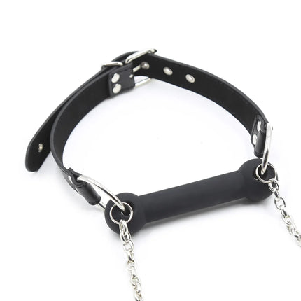 Leather BDSM Head Harness Silicone Mouth Bit Gag with Lead Chain Restraint Gear Adult Sex Toy for Men Women Fetish Role Play