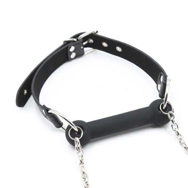 Leather BDSM Head Harness Silicone Mouth Bit Gag with Lead Chain Restraint Gear Adult Sex Toy for Men Women Fetish Role Play
