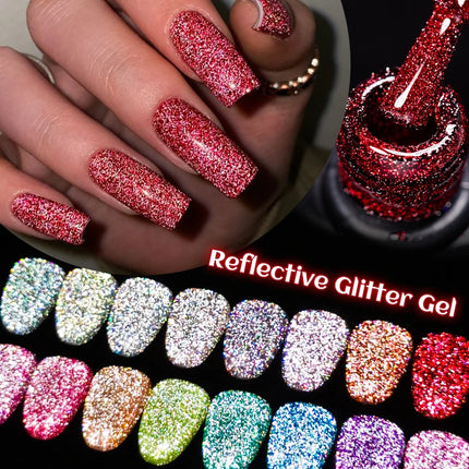 Red Reflective Glitter Gel Nail Polish Sparkling Glitter Flashy Semi-permanent Soak Off Nail Art UV Gel Varnish Nail Supplies