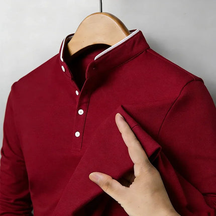 Fashion Men's Contrast Trim Mandarin Collar Polo Shirt Long Sleeve Breathable Casual Daily Wear Top