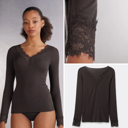 Absobe Long Sleeve Lace Trim T-shirt Women Sexy Low Cut V-Neck Patchwork Versatile Slim Female Top Solid Color Casual Streetwear