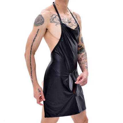 Sexy Men Erotic Open Crotch Faux Leather Apron Man Underwear Bodysuit Lingerie Clubwear Cosplay Costume Chef Butcher