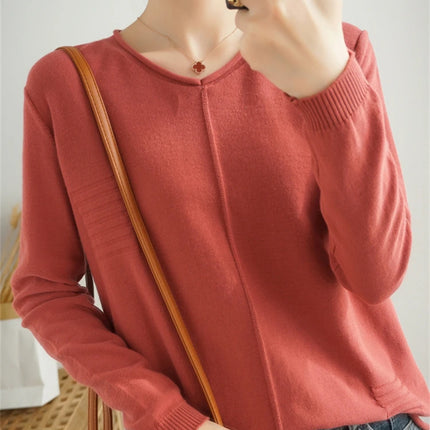 2023 Autumn/Winter Women's New Pullover Casual Solid 100% Cotton Knitted V-Neck Loose Sweater Fashion Soft Breathable Top