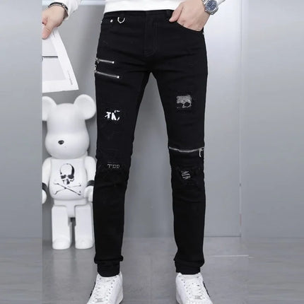 2024 Spring and Autumn Fashion Trend Black Straight Leg Ripped Jeans Men's Casual Comfort Breathable High-Quality Denim Pants