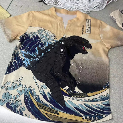 Popular European and American short-sleeved wave pattern men's shirts, stand-up collar shirts, Hawaiian shirts, men's vacation shirts