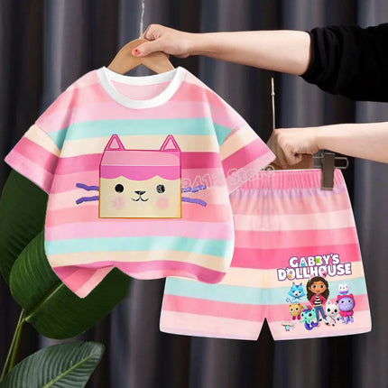 Gabby Dollhouse Children Summer Clothes Shorts Suit 2pcs Striped T-shirt Set Kid Tops Girl Tracksuits Outfits Boy Sport Tee Gift