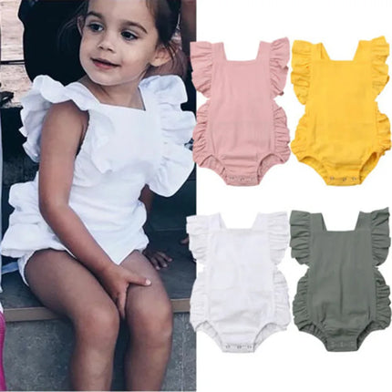 0-24months Baby Girl Sleeveless Bodysuit Ruffle Solid Pink White Yellow Green Summer Romper For Toddler Girls