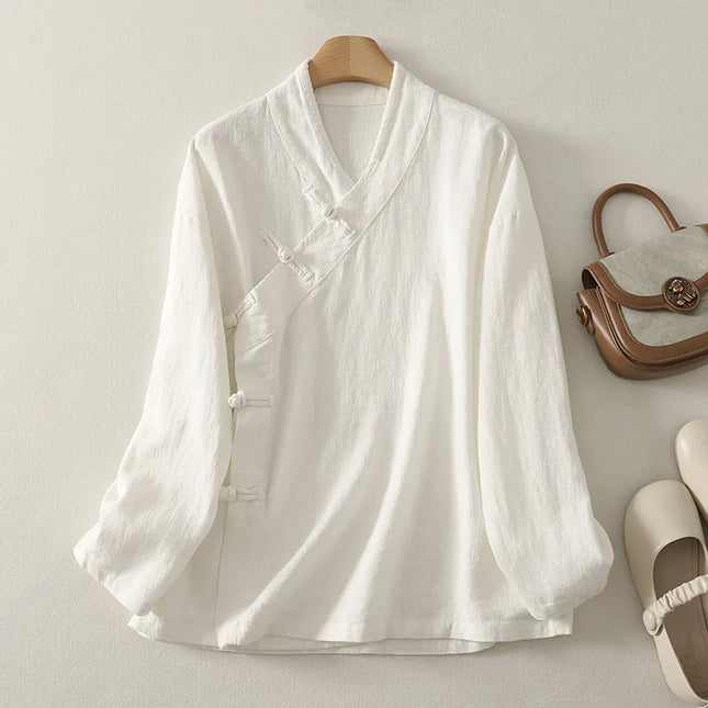 Loose Fit Long Sleeve Shirt New Autumn 2025 Chinese Style Button Zen Study Robe Tea Ceremony Side Buttoned Cotton Linen Shirt