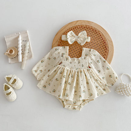 INS style Baby's Autumn Jumpsuit Baby Girl's Princess Hare  Small Floral Dress Western style Sweet with Headband Dress