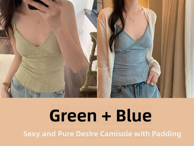 Pure Desire Lace Trim Csole Tank Top with Chest Pad Summer Slimming Inner Wear Outerwear Beautiful Ba Boting Underwear