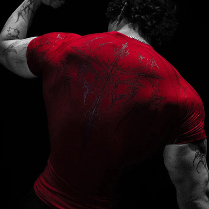 GYM T-shirt Men's Dark Gothic Print Muscle Tee  High Elasticity And Quick Drying Exercise For Bodybuilding Training 2025 Summer