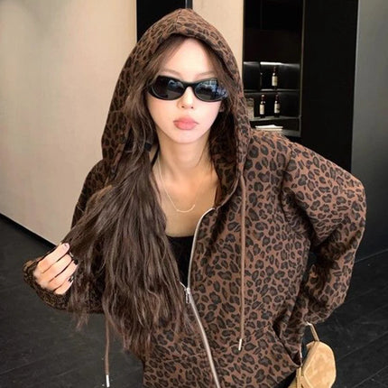 Women Y2K Leopard Hoodies Streetwear Loose Harajuku Retro Sweatshirts Hip Hop Fall American Vintage Female Long Sleeve Tops New