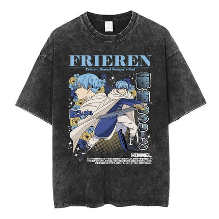 Anime Frieren: Beyond Journey's End Graphic Washed Vintage T-shirt Men's Women Fashion Short Sleeve Cotton Casual Loose T Shirts