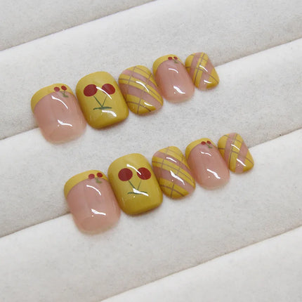 Dark Brown Flowers 24 Pcs Press-on Nails Pink Nail Polish Glossy Artificial Finger Manicure Reusable False Nails