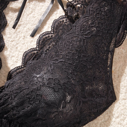 Black Sexy Deep V Bodysuit One-piece Plus-size Womens Clothing Summer Romantic Date Pajamas Transparent Lace Crotchless Lingerie