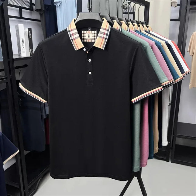 Luxury brand short sleeve polo shirt men's summer silk cotton comfortable breathable plaid lapel top fashion casual golf T-shirt