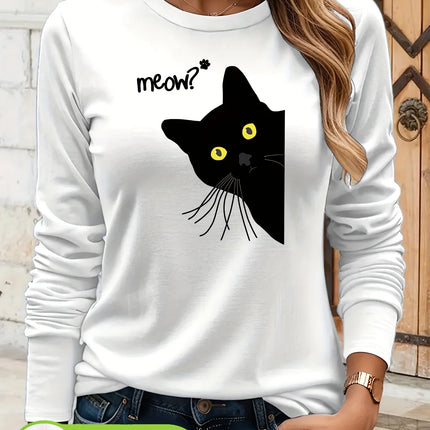 Cotton Long Sleeve T-Shirt Black Cat Graphic Soft Everyday Basic Top Tee Women Funny Long-sleeved T-Shirt