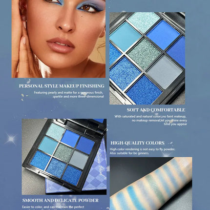 9-color Dolphin Blue Sweat-proof Natural Matte Pearlescent Glitter Eyeshadow Palette Eye Makeup for Music Festival Cosmetics