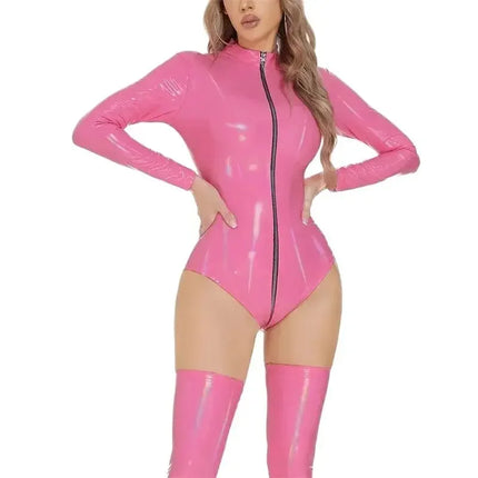 Women Sexy Party Skinny Patent Leather Bodysuit Without Trousers Legs Jumpsuit Female Front Zipper Open Crotch Cardigan Rompers