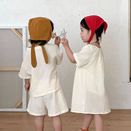 RAISE 2026 Summer Siblings Attires Children Pure Cotton Pajamas Set Kids Boys Tees+shorts Homewear Suit Kids Girls Print Dress