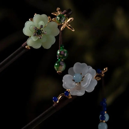Elegant Chinese Style Wooden Hairpin Imitation Jade Flower Tassel Hair Stick Exquisite Handmade Girls Hair Accessories Hair Clip