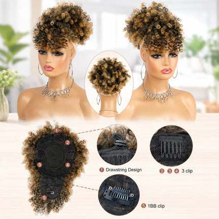 Ombre Brown Blonde Short Afro Puff Drawstring Ponytail Hair Bun, Synthetic Curly Bangs Wrap Around Headband Hairpieces for Women
