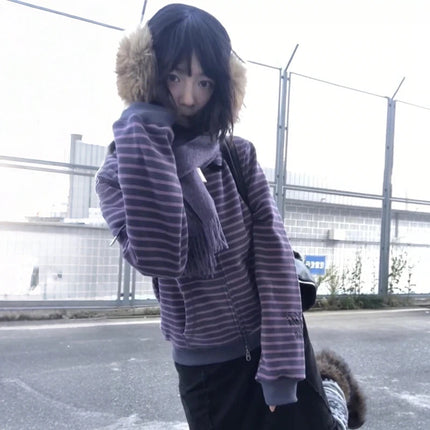 Japan Retro Harajuku Spring Autumn Y2K Purple Striped Cardigan Casual Street Women Coat Harajuku Punk Zipper Loose Sweatshirt