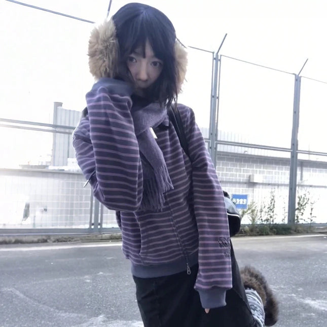 Japan Retro Harajuku Spring Autumn Y2K Purple Striped Cardigan Casual Street Women Coat Harajuku Punk Zipper Loose Sweatshirt
