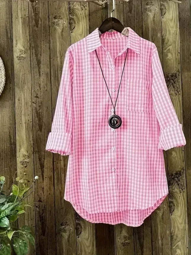 Plus Size Plaid Women's Cotton Linen Long Sleeves Roll Up Striped Casual V Neck Button Down Shirts Blouses Collar Tunic Tops