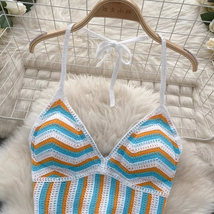 Beach Vacation Style Cami Top Women Design Sense Color Blocking Hook Flower Slim Fit Camisole Short Sexy Exposed Navel Crop Tops