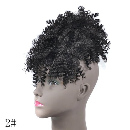 Afro Puff Updo Hair with Bangs Drawstring Ponytail Black Kinky Curly Ponytail Bun with Bangs Synthetic Hairpiece For Women