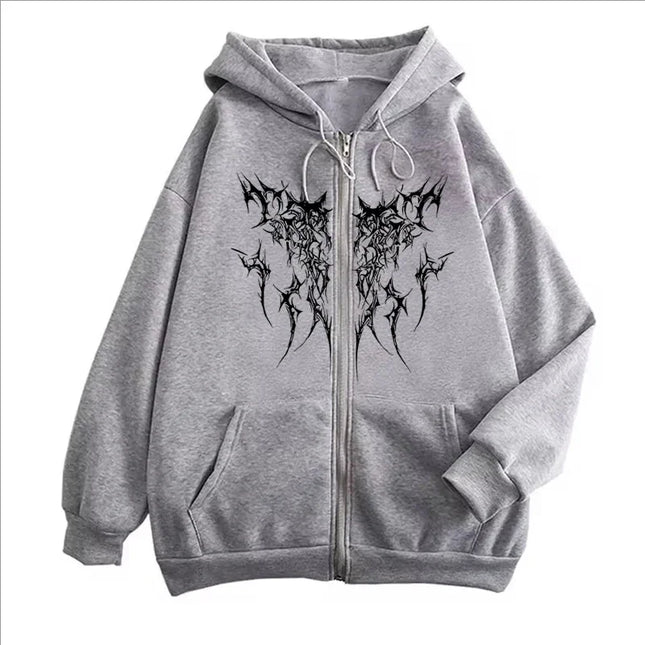Gothic Printed Zipper Hoodies Women Men Vintage Fashion Hip Hop Y2K Coat Autumn Winter Fleece Long Sleeve Zip-up Hoodies