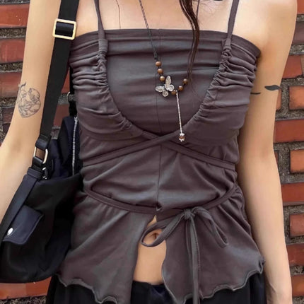 Korean Sle Unique Belted Design Slimming Versatile Split Front Strapl Top Women's Summer Faion Commute Straight Cut Vest