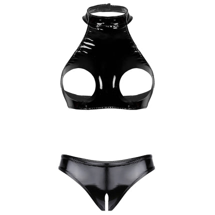 Underwear Set 2 Piece Sexy Women Hollow Crotch Open Bust Latex Leather Bra And Thong Exotic Adult Club Clothing Lingerie Outfits
